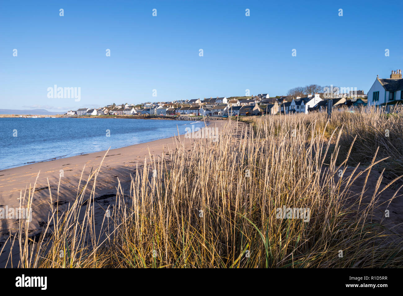 Portmahomack Beach on a perfect clear winter days with blue sky, Easter Ross, Highland, Scotland Stock Photo
