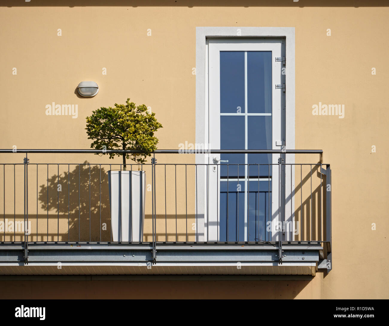 Sunlit beige wall and balcony with bonsai tree and railing casting hard shadows Stock Photo