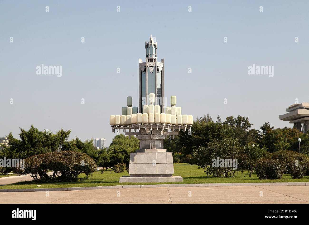 Lamp at the Juche Tower park area by the side of the Taedong River in Pyongyang North Korea Stock Photo