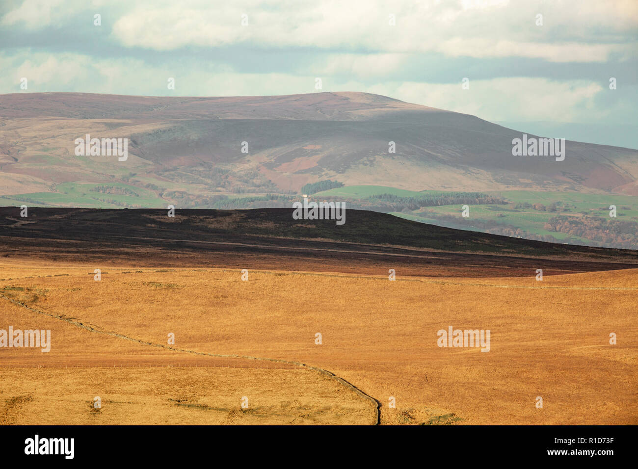 minimalist landscape of the West Pennine Moors with Autumnal colours and Pendle Hill in trhe background viewed from the top of Winter Hill. Stock Photo