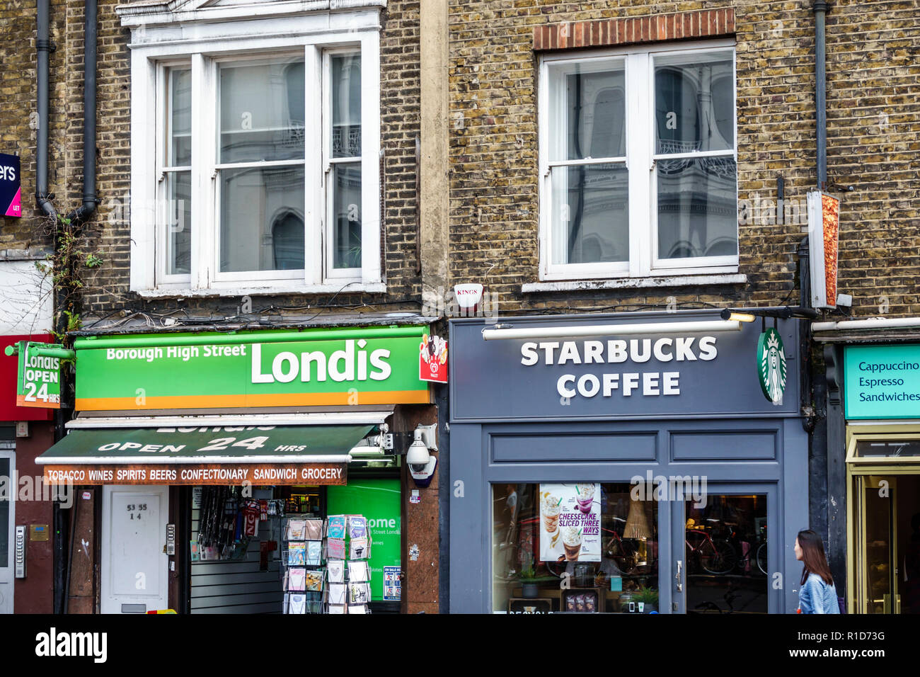 London England,UK,United Kingdom Great Britain,South Bank Southwark,Borough High Street,business,Londis convenience store,Starbucks Coffee,cafe,exteri Stock Photo