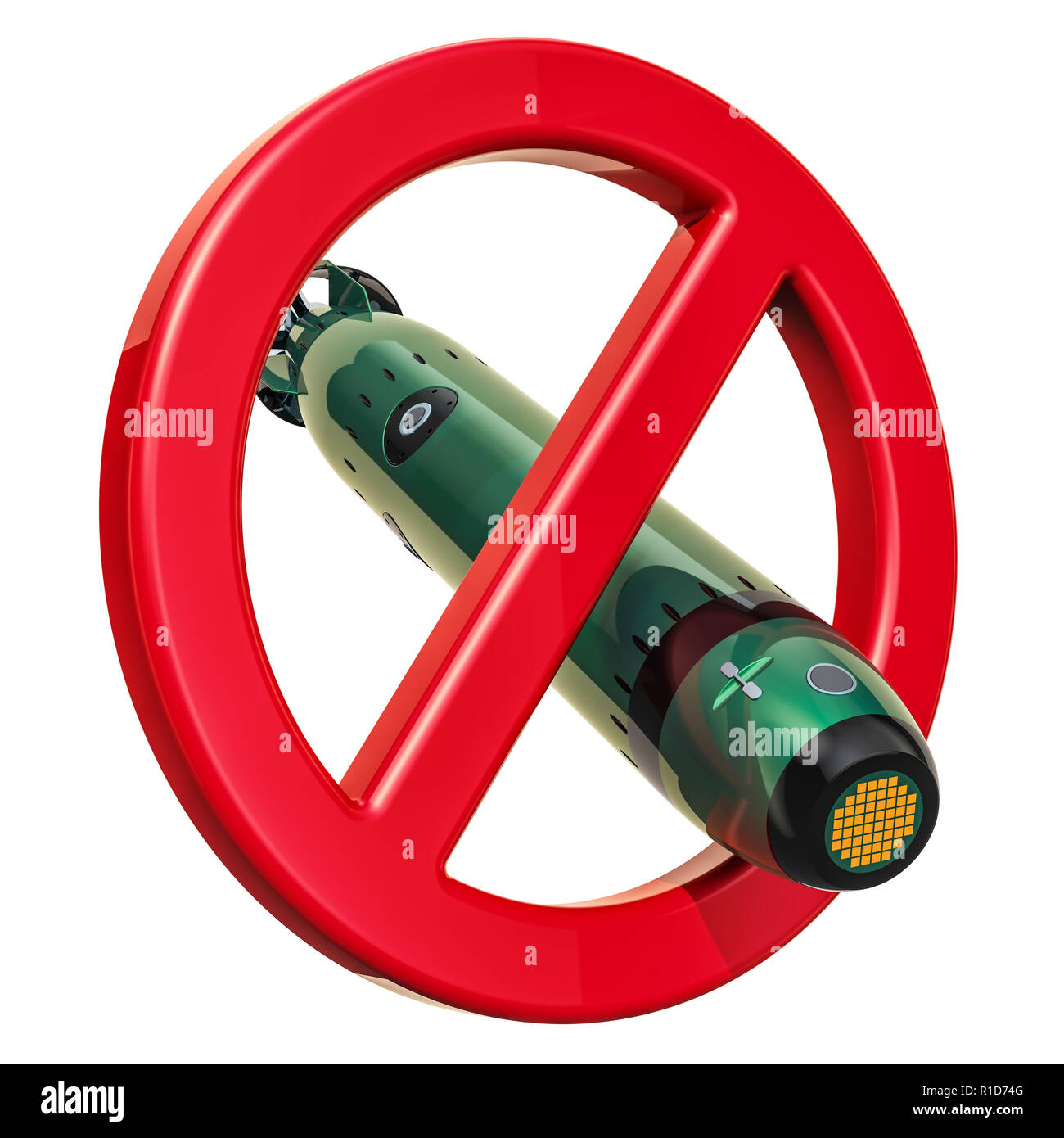 Forbidden sign with torpedo, 3D rendering isolated on white background ...
