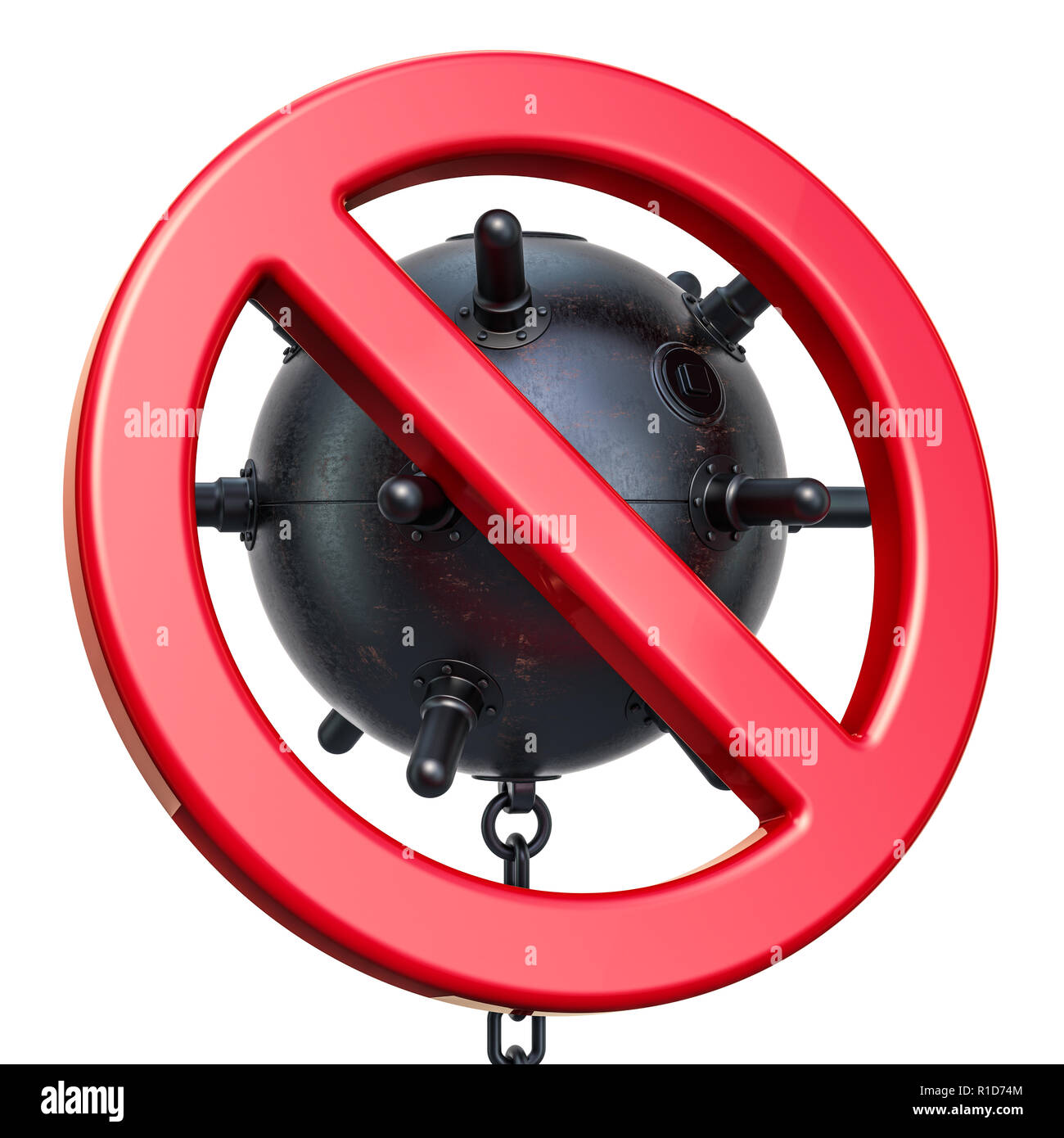 Forbidden sign naval mine, 3D rendering isolated on white background Stock Photo