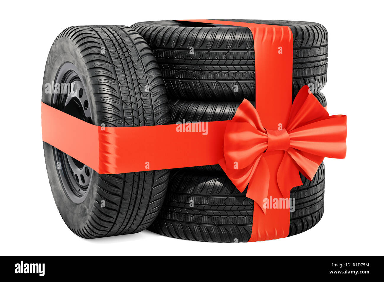 Car wheels wrapped ribbon and bow, gift concept. 3D rendering isolated