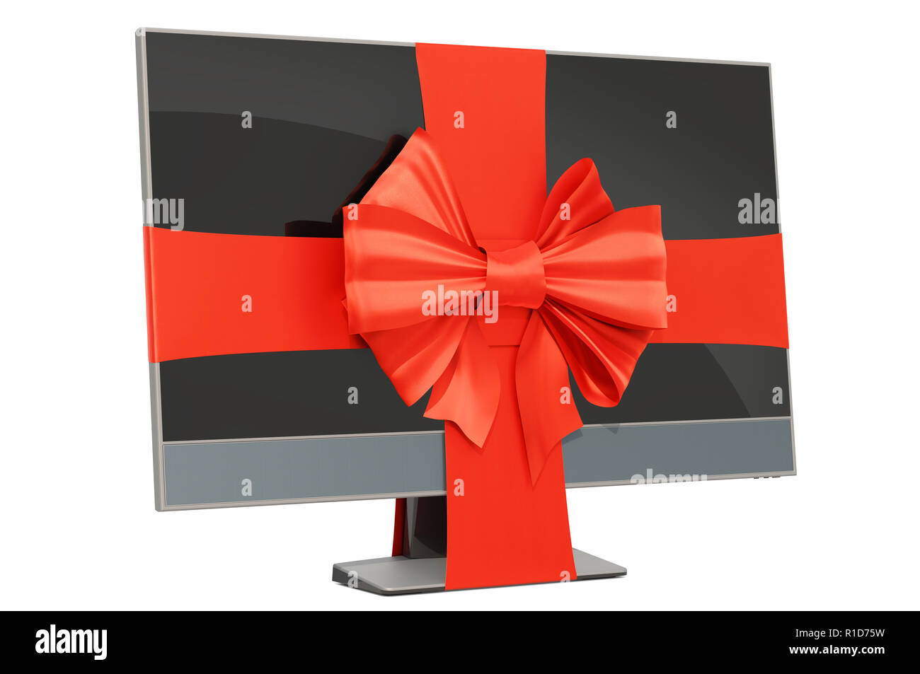 Computer monitor with ribbon and bow, gift concept. 3D rendering ...