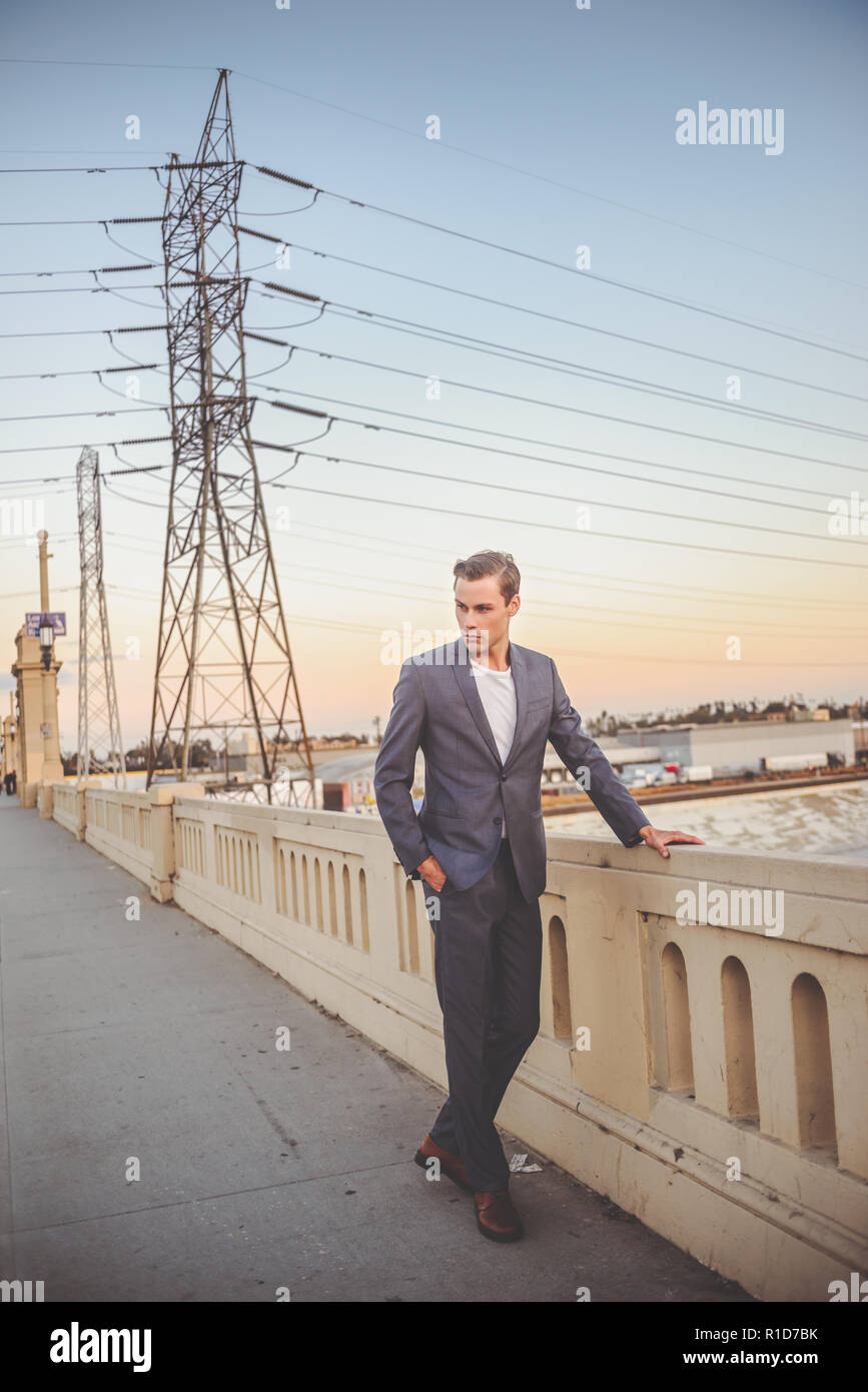 A handsome male model dressed in a grey suit posing by the bridge in  Los Angeles at dusk with a beautiful sunset skyline and power line background. Stock Photo