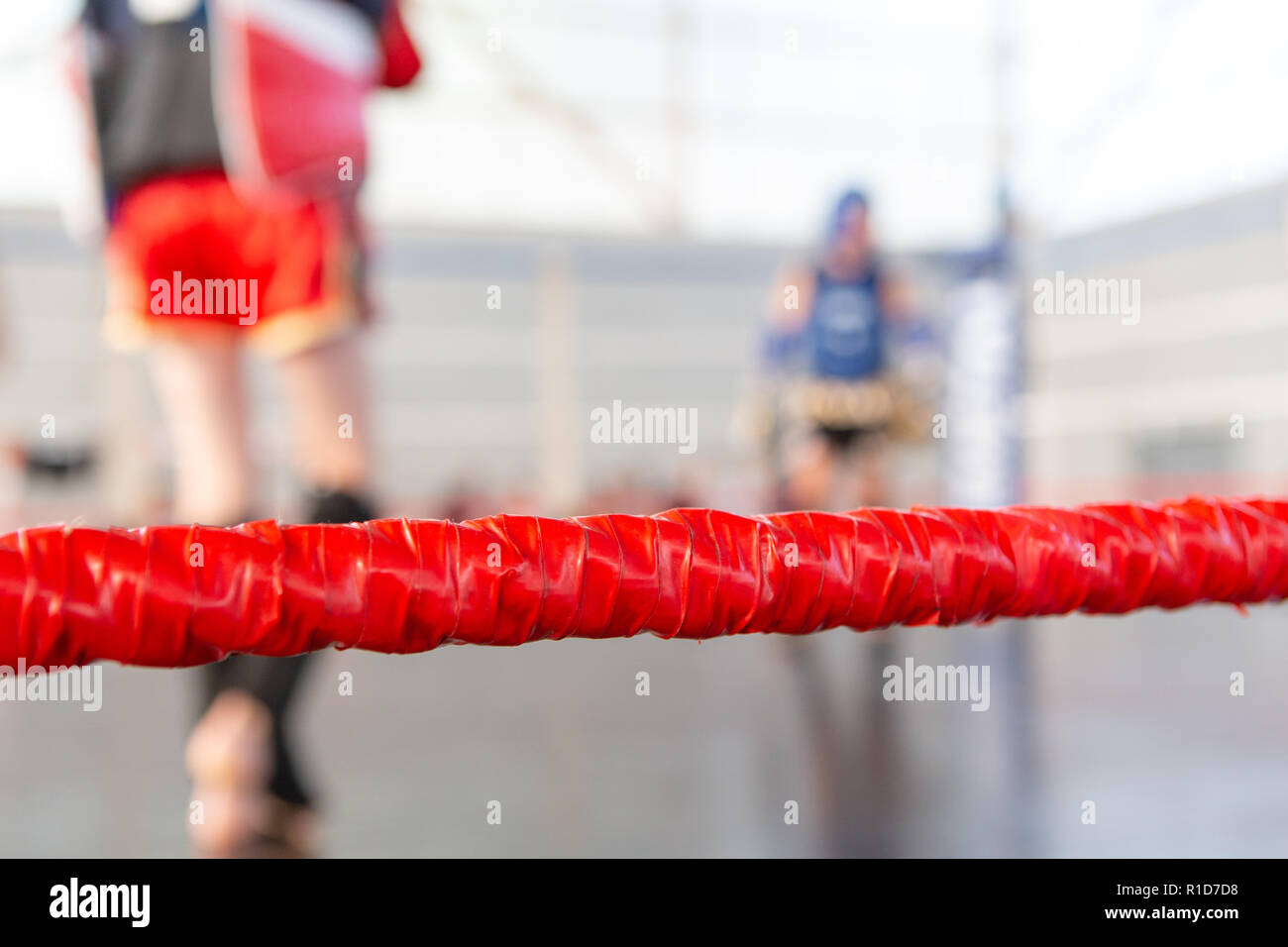Thai boxing ring rope with blurred background Stock Photo