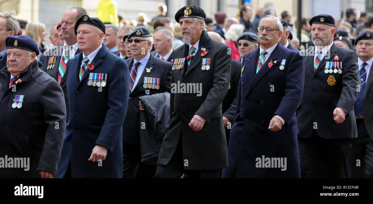 War veterans seen taking part in the annual Remembrance on the Centenary of the Armistice procession in London to pay tribute to those who have suffered or died during war. Hundreds of people gathered together to mark the centenary of the Armistice, which saw 3,123 members of the armed forces losing their lives. The armistice ending the First World War between the Allies and Germany was signed at Compiegne, France on the eleventh hour of the eleventh day of the eleventh month - 11am on the 11th November 1918. Stock Photo