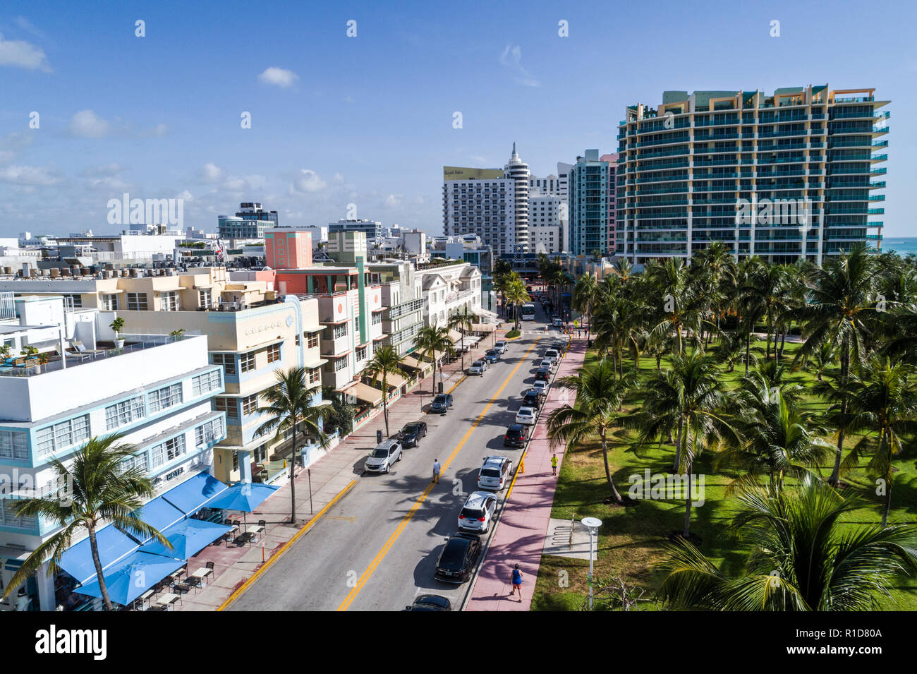 Miami Beach Florida,Ocean Drive,Lummus Park,aerial overhead view,The Penguin,hotel,Il Villaggio,condominium residential apartment apartments building Stock Photo