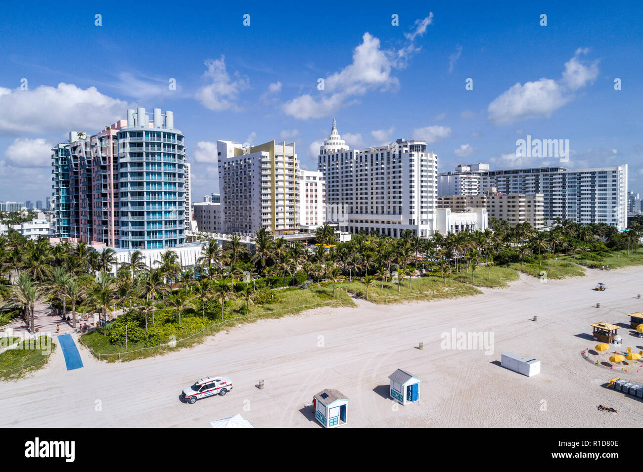 Miami Beach Florida,aerial overhead view,1500,Ocean Drive,Condominium,Royal Palm,Loews,hotel,Atlantic Ocean public beach,high rise skyscraper skyscrap Stock Photo