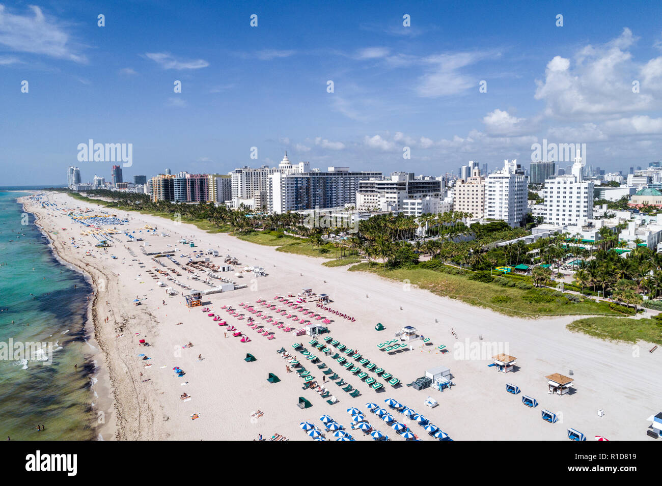 Miami Beach Florida,aerial overhead view,hotel,Atlantic Ocean public beach,Nautilus South Beach SIXTY Hotel,FL180721d09 Stock Photo