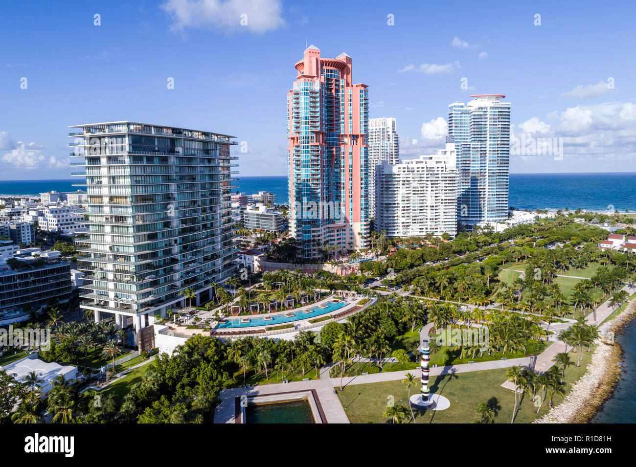 Miami Beach Florida,South Pointe Park,aerial overhead view,Apogee Condominium,Portofino,Continuum South Beach,high rise skyscraper skyscrapers buildin Stock Photo