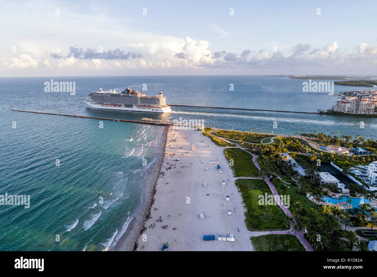 Miami Beach Florida,South Pointe Park,aerial overhead view,Atlantic Ocean,Government Cut,MSC Seaside cruise ship departing Port,FL180804d07 Stock Photo