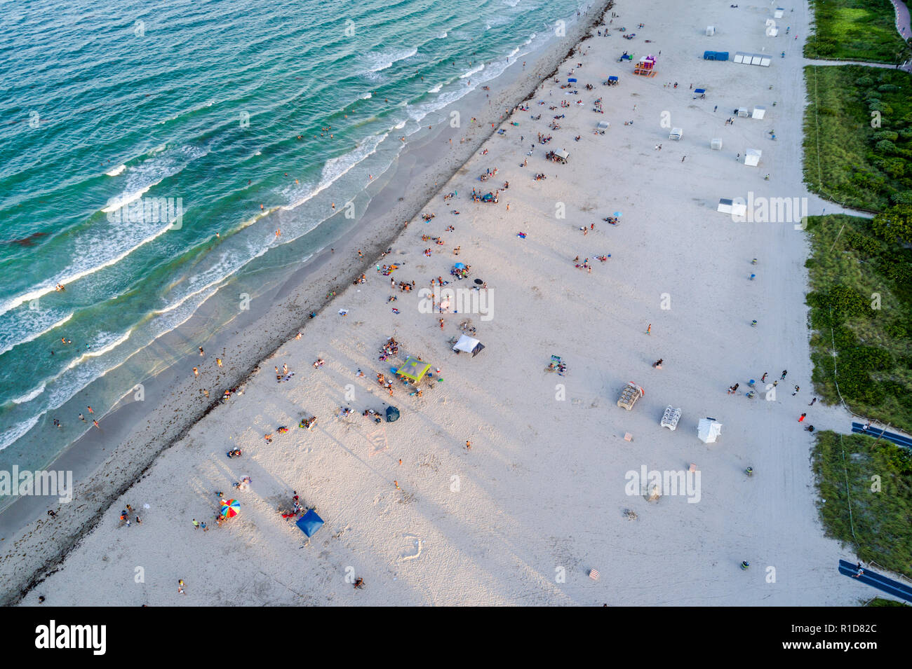 Miami Beach Florida,South Pointe SoFi,aerial overhead view,Atlantic Ocean,public beach sunbathers surf waves sand,FL180804d08 Stock Photo