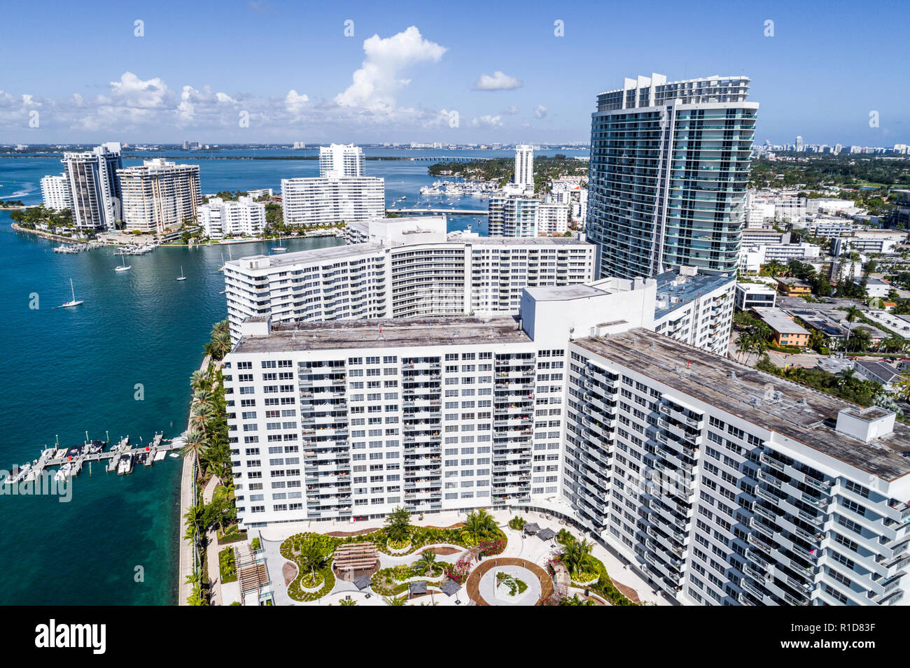 Miami Beach Florida,Biscayne Bay,aerial overhead view,Flamingo South Beach condominium,high rise skyscraper skyscrapers building buildings buildings,b Stock Photo
