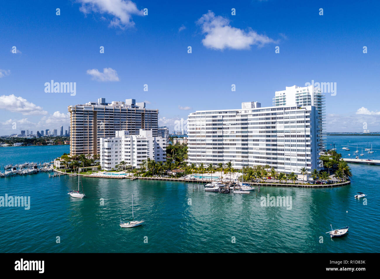 Miami Beach Florida,Biscayne Bay,aerial overhead view from above,Belle Isle,high rise apartment buildings,Belle Plaza Condominium Belle Towers Stock Photo