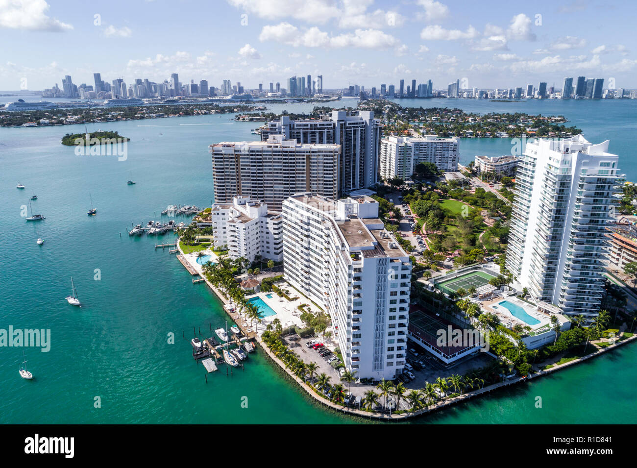 Miami Beach Florida,Biscayne Bay,aerial overhead view,Belle Isle,high rise skyscraper skyscrapers building buildings condominium residential apartment Stock Photo