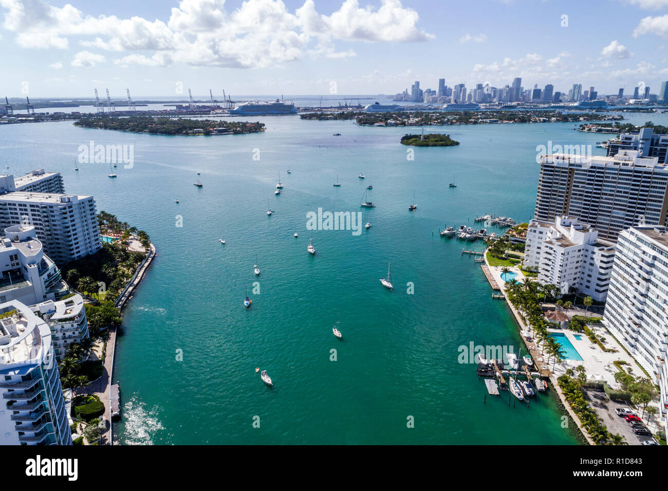 Miami Beach Florida,Biscayne Bay,aerial overhead view,Belle Isle,high rise skyscraper skyscrapers building buildings condominium residential apartment Stock Photo