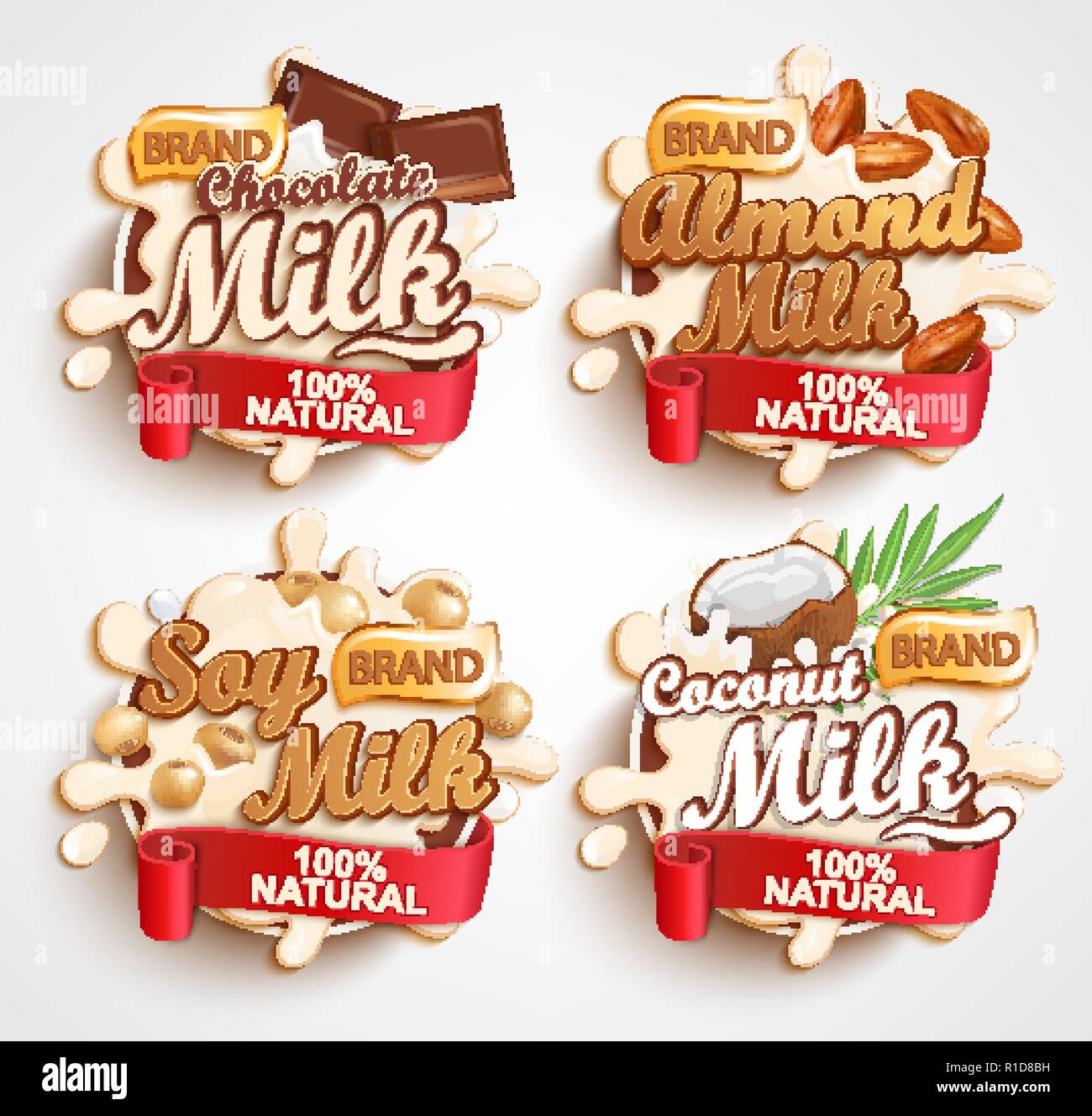 Almond, chocolate, soy, coconut milk labels with milky splash. 100 percent natural, organic and fresh healthy drink.Perfect for your advertising and packaging cosmetics or dairy products.Vector. Stock Vector