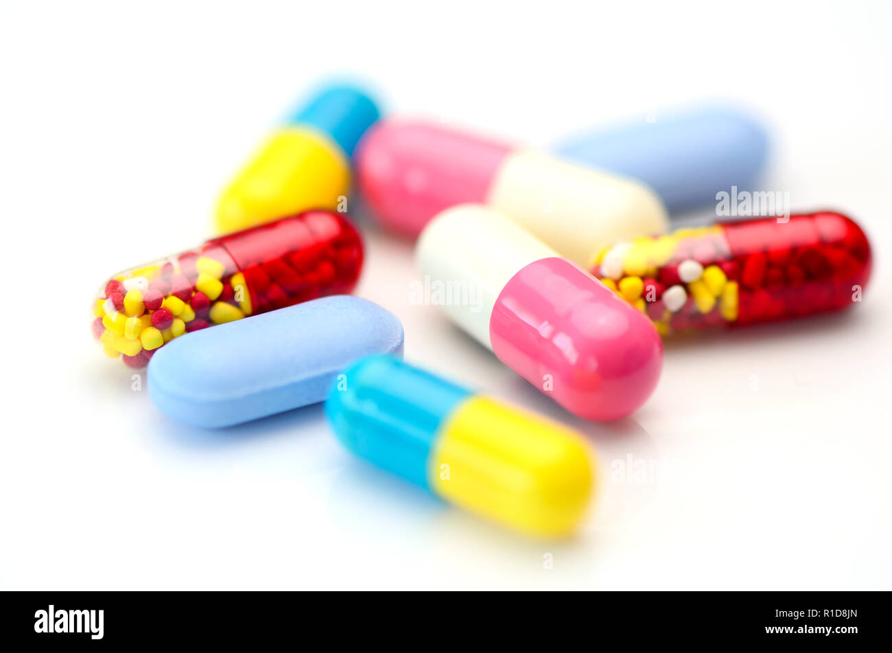 Oral medication background with warm light.Colorful of oral medications