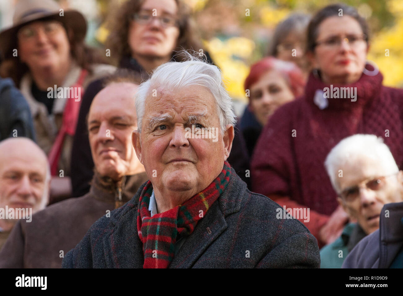 London, UK. 11th November, 2018. Bruce Kent, Vice-President of the Campaign for Nuclear Disarmament, joins fellow pacifists at a ceremony of remembrance and peace in Tavistock Square on the centenary of the signing of the Armistice which marked the end of the First World War. Credit: Mark Kerrison/Alamy Live News Stock Photo
