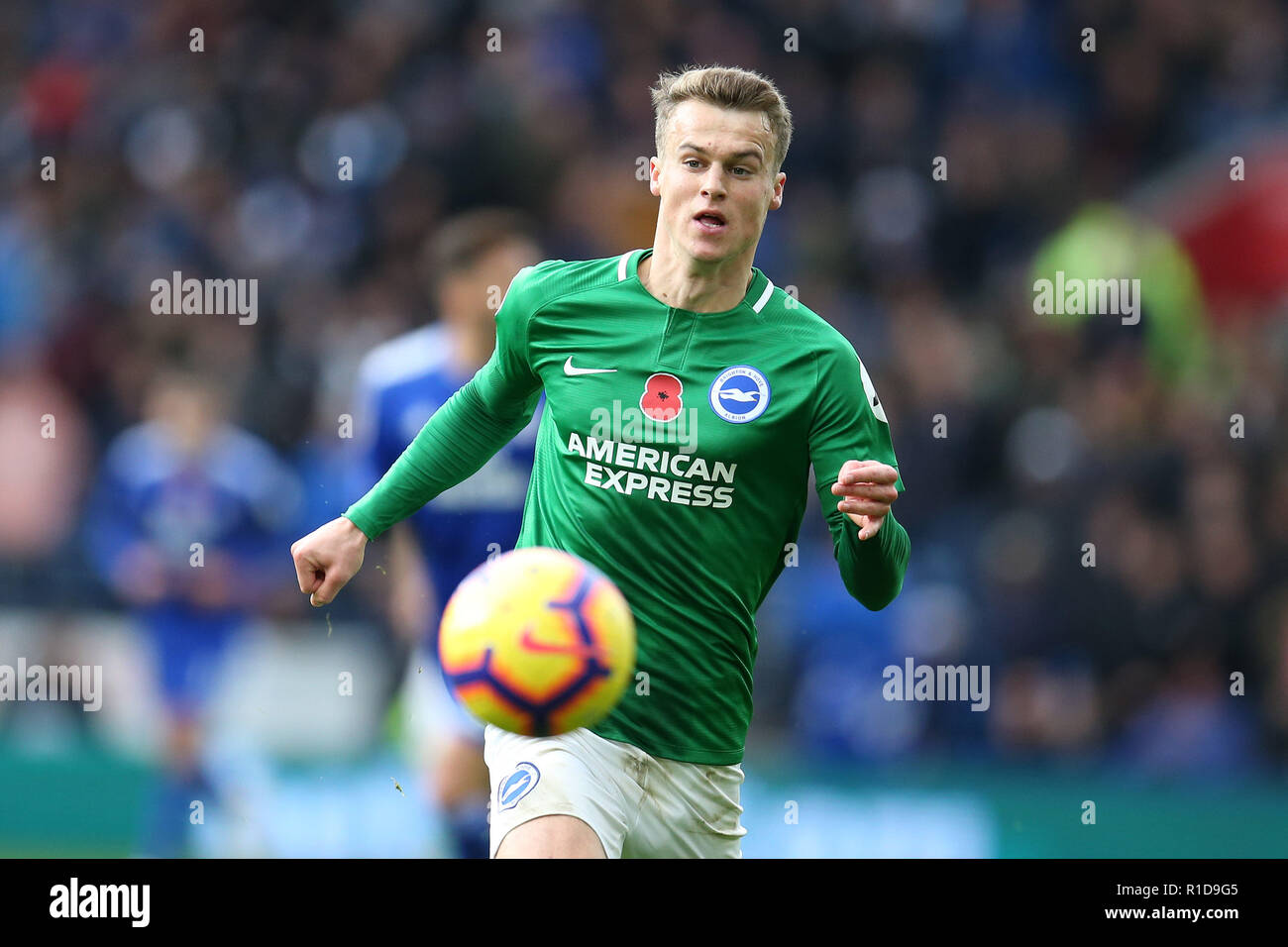 Cardiff, Wales, UK. 10th Nov 2018. Solly March of Brighton & Hove Albion in action.Premier League match, Cardiff City v Brighton & Hove Albion at the Cardiff City Stadium on Saturday 10th November 2018.  this image may only be used for Editorial purposes. Editorial use only, license required for commercial use. No use in betting, games or a single club/league/player publications. pic by  Andrew Orchard/Andrew Orchard sports photography/Alamy Live news Stock Photo