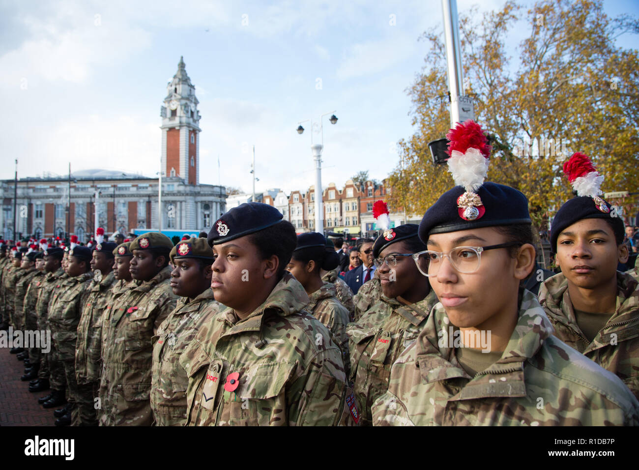 London UK 11th November 2018.  Army Cadets at the Remembrance Armistice Day Parade at the African Caribbean War Memorial in Windrush Square, Brixton. Credit: Thabo Jaiyesimi/Alamy Live News Stock Photo