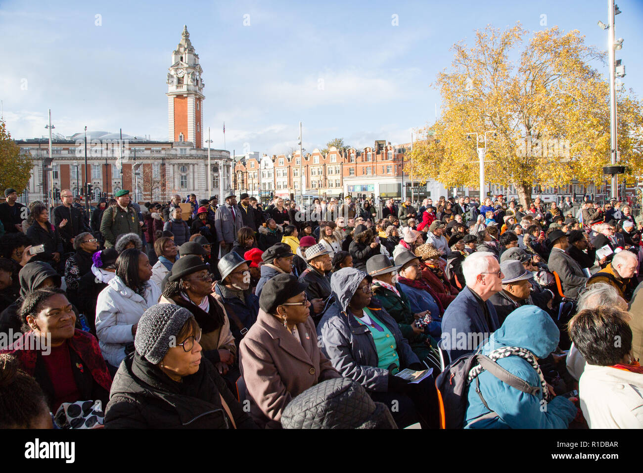 London UK 11th November 2018.  People at the Remembrance Armistice Day Parade at the African Caribbean War Memorial in Windrush Square, Brixton. Credit: Thabo Jaiyesimi/Alamy Live News Stock Photo