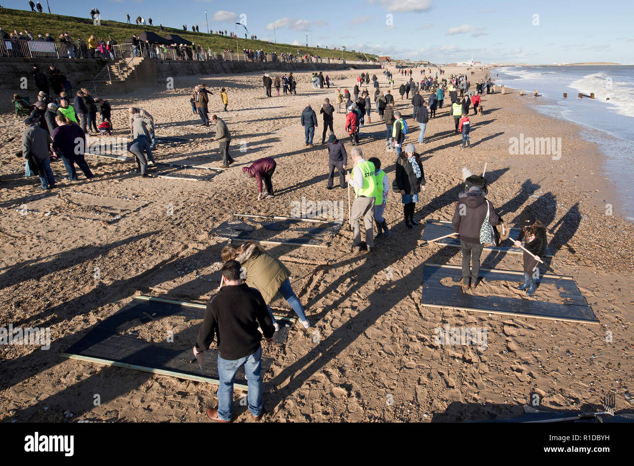 Gorleston-On-Sea, Norfolk. 11th November 2018. Crowds gather on Gorleston beach to participate in Danny Boyle's nationwide 'Pages of the Sea' commemoration, marking the end of the first world war 100 years ago, many making their own artistic contributions in the sand in remembrance of those individuals who left our shores and never returned. Credit: Adrian Buck/Alamy Live News Stock Photo