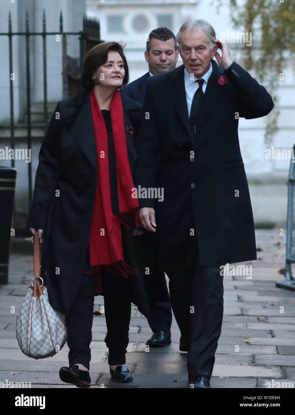 Tony Blair, Former Prime Minister, and wife Cherie, in Downing Street on the way to the Remembrance Sunday ceremony at the Cenotaph in Whitehall. Today marks 100 years since the end of the First World War. Remembrance Sunday, London, on November 11, 2018. Stock Photo