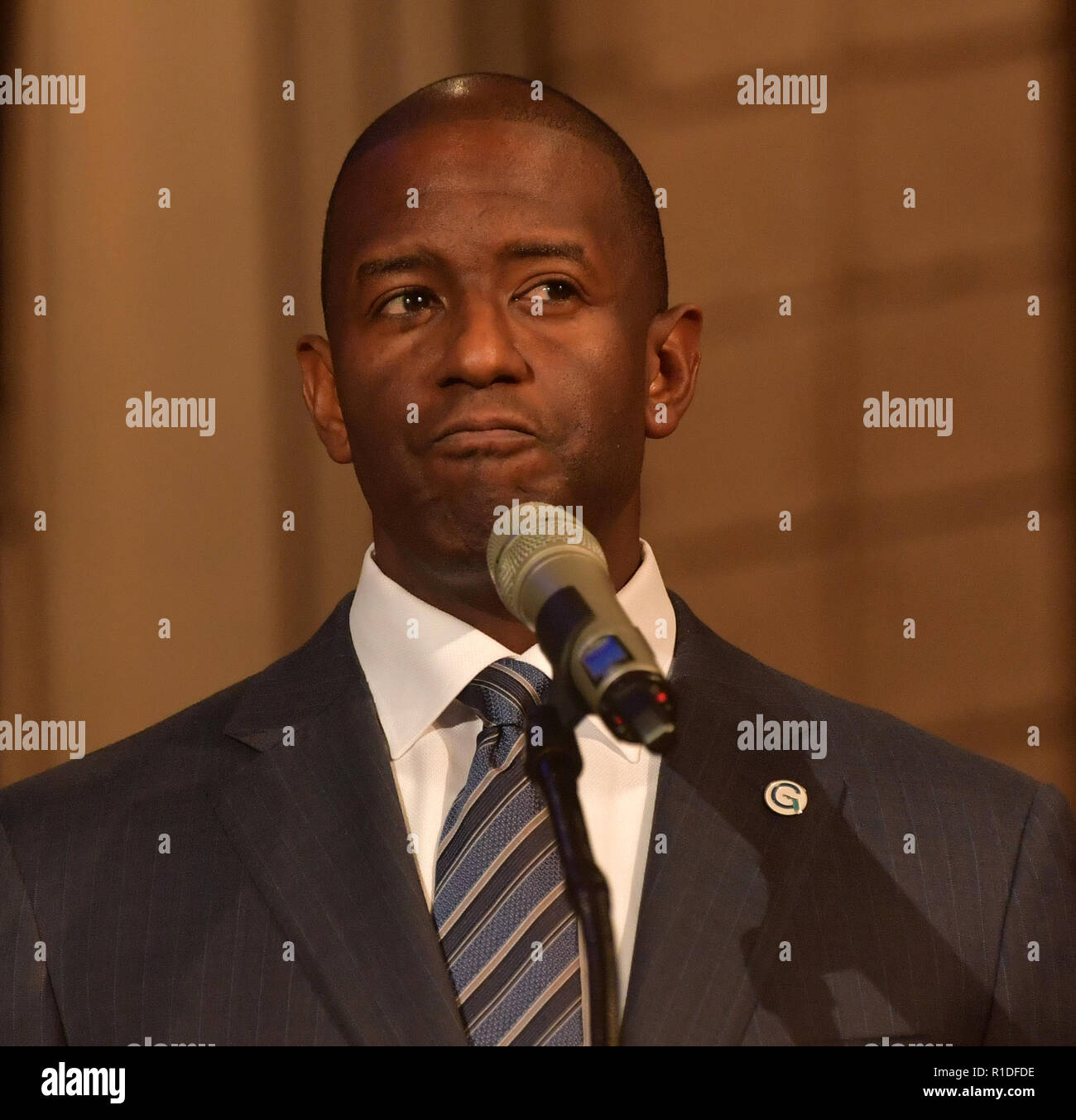 LAUDERHILL, FL - NOVEMBER 11: Mayor Andrew Gillum speaks at New Mount Olive Baptist Church preaching 'Let My People Count Every Vote': Sponsored by Faith in Florida Action Fund and partners. In the front row was Deborah Wasserman Schultz on November 11, 2018 in Lauderhill, Florida. A statewide vote recount is being conducted to determine the races for governor, Senate, and agriculture commissioner.    People:  Andrew Gillum Stock Photo