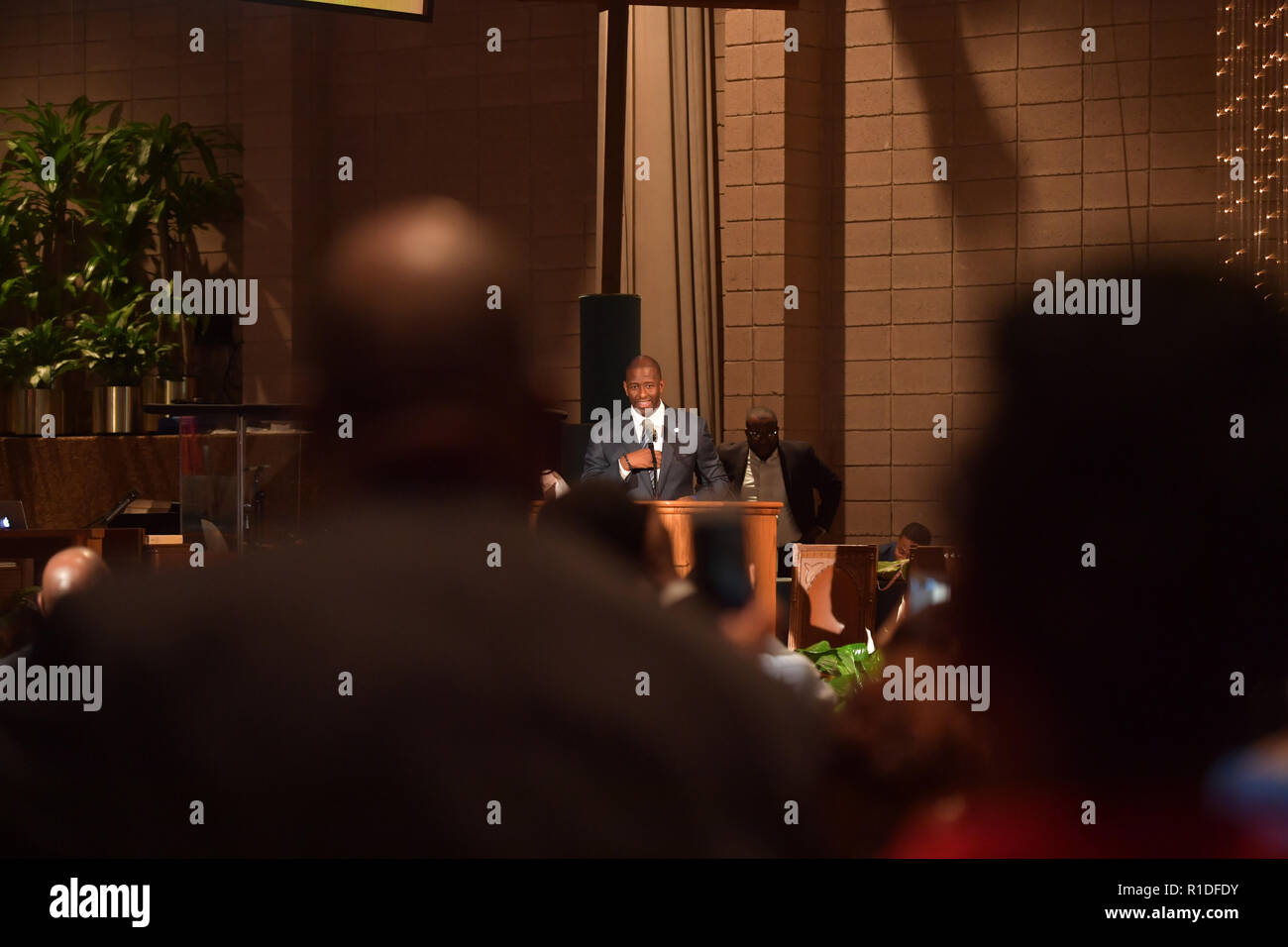 LAUDERHILL, FL - NOVEMBER 11: Mayor Andrew Gillum speaks at New Mount Olive Baptist Church preaching 'Let My People Count Every Vote': Sponsored by Faith in Florida Action Fund and partners. In the front row was Deborah Wasserman Schultz on November 11, 2018 in Lauderhill, Florida. A statewide vote recount is being conducted to determine the races for governor, Senate, and agriculture commissioner.    People:  Andrew Gillum Stock Photo