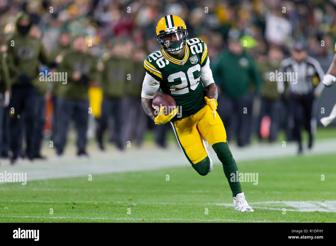 Green Bay Wi Usa 11th Nov 18 Green Bay Packers Defensive Back Bashaud Breeland 26 Intercepts A Pass And Returns It 26 Yards During The Nfl Football Game Between The Miami Dolphins