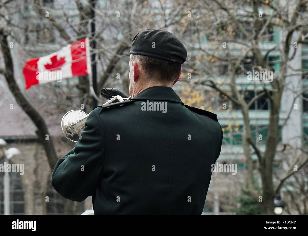 Montreal,Canada,11 November,2018.Soldier playing the trumpet at the