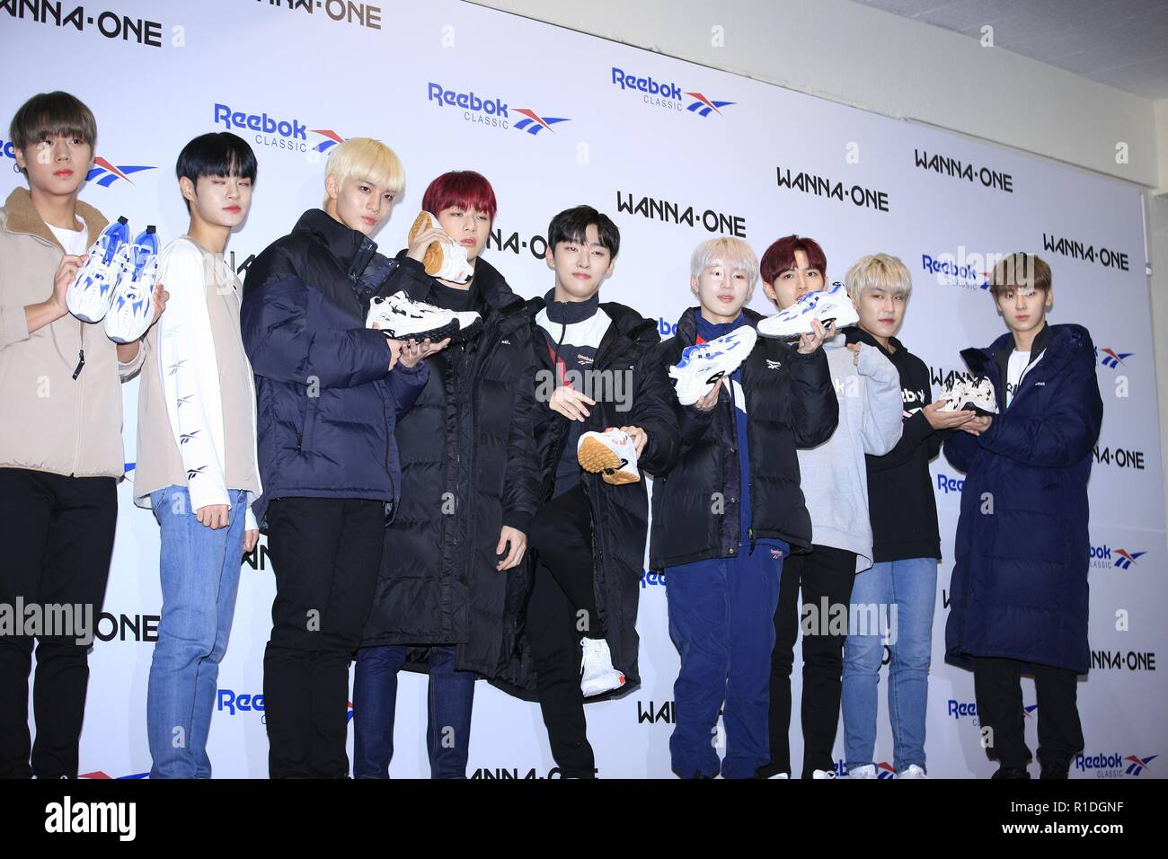 Wanna One attend Reebok photowall promotion conference in Seoul, Korea on  11th November 2018.(China and Korea Rights Out) (TopPhoto via AP Images  Stock Photo - Alamy
