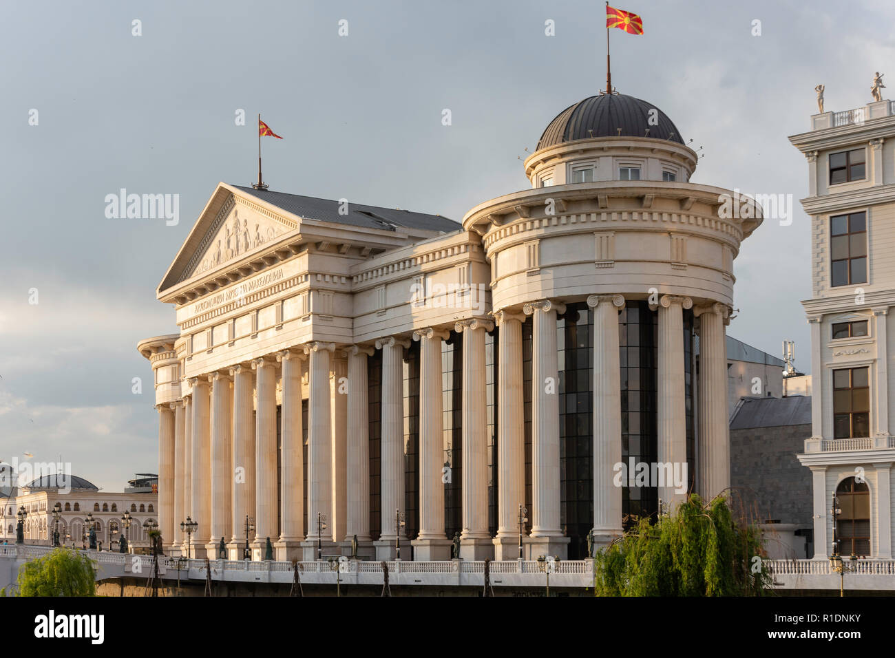 The Museum of Archaeology across River Vardar at sunset, Skopje, Skopje Region, Republic of North Macedonia Stock Photo