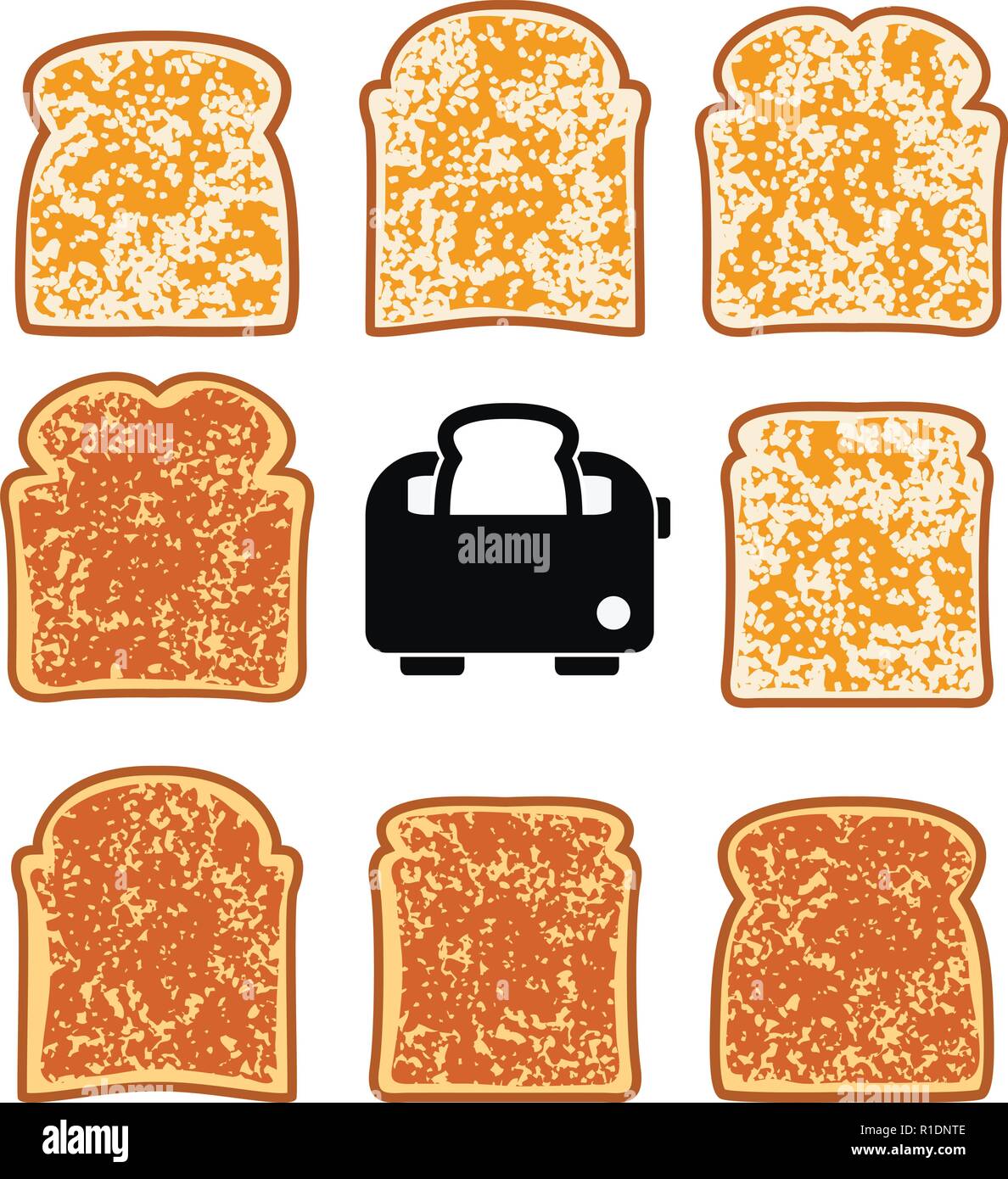 vector toasted bread slices and toaster isolated on white background. crispy breakfast toasts of white bread, delicious food symbols. black and white  Stock Vector
