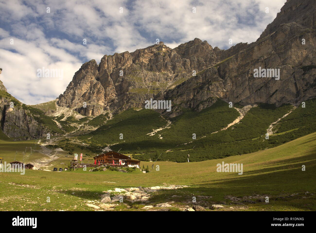 Mountain landscape with green mountain meadows and forest in the Italian Dolomites Stock Photo