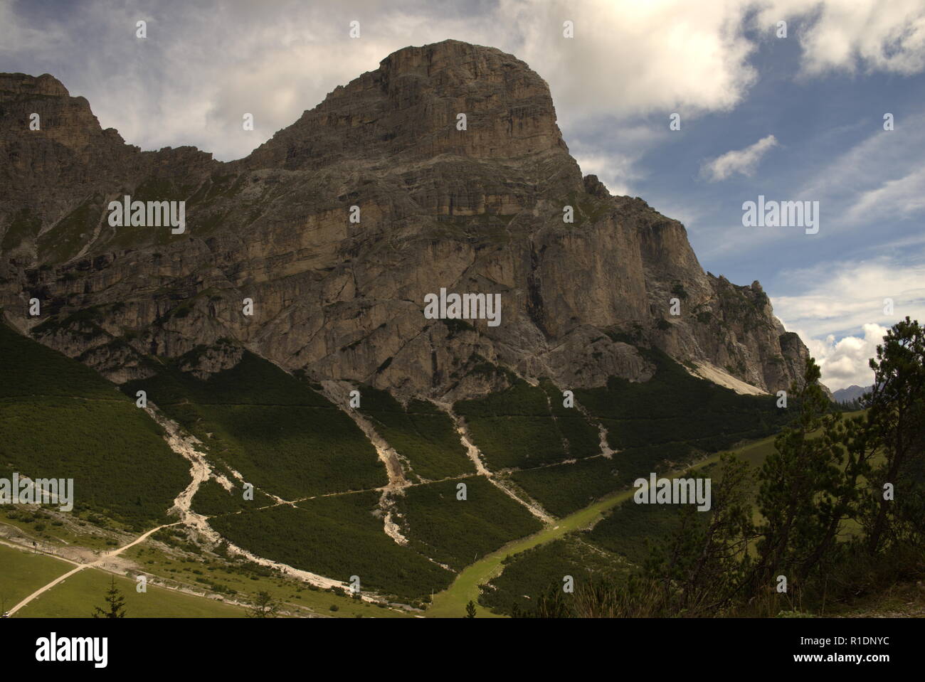 View of the Sassongher mountain at the Alta Badia Stock Photo