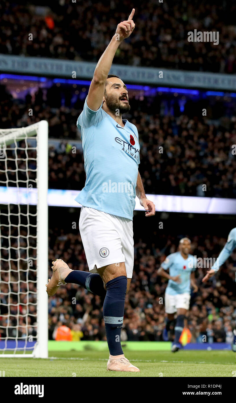Manchester City's Ilkay Gundogan celebrates scoring his side's third goal of the game during the Premier League match at the Etihad Stadium, Manchester. Stock Photo