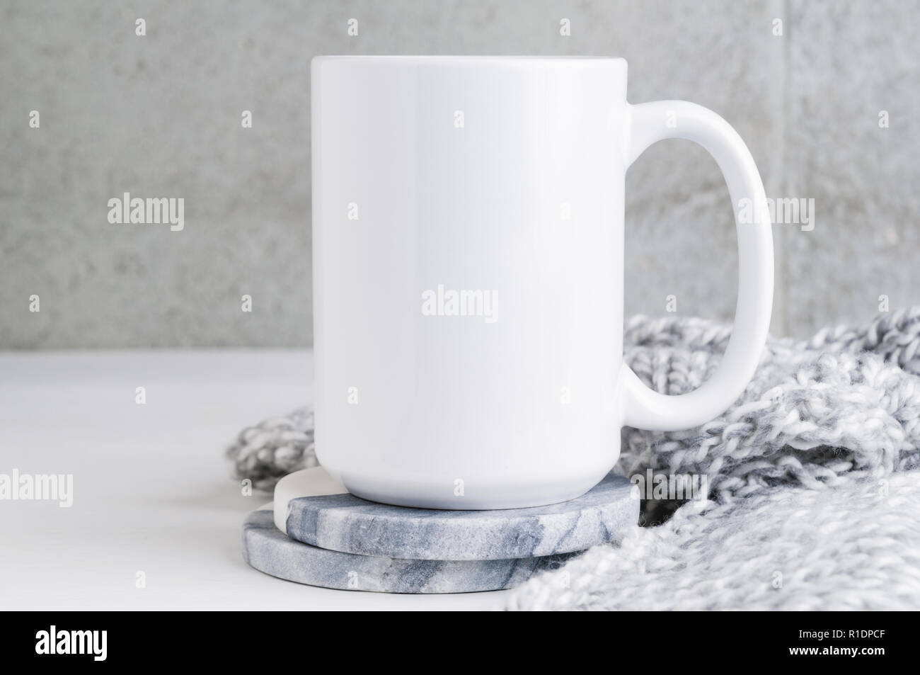 Download 15 Oz Mug Mockup With Marble Coasters And A Grey Blanket Stock Photo Alamy