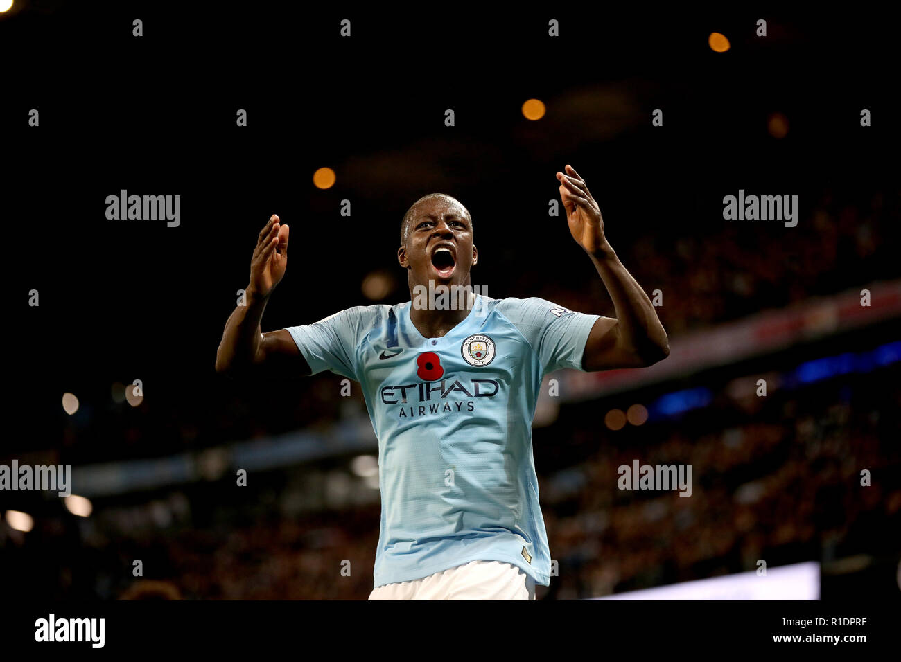 Manchester City's Benjamin Mendy celebrates after the Premier League match at the Etihad Stadium, Manchester. Stock Photo