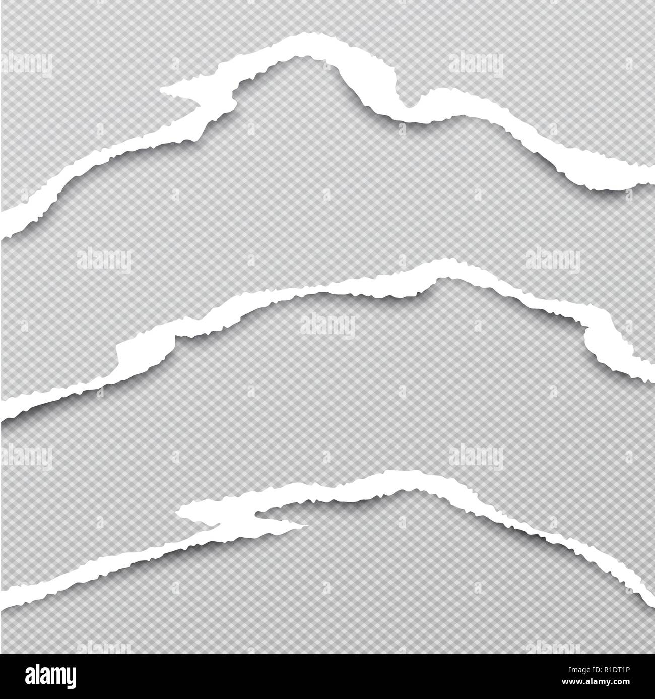 White horizontal ripped paper strips for text or message are on grey ...