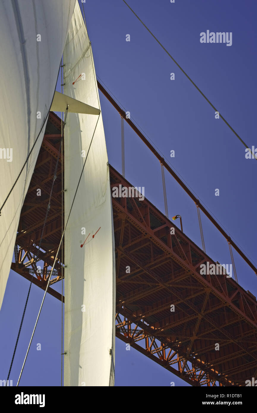 Mainsale of a sailboat underneath the Golden Gate Bridge Stock Photo