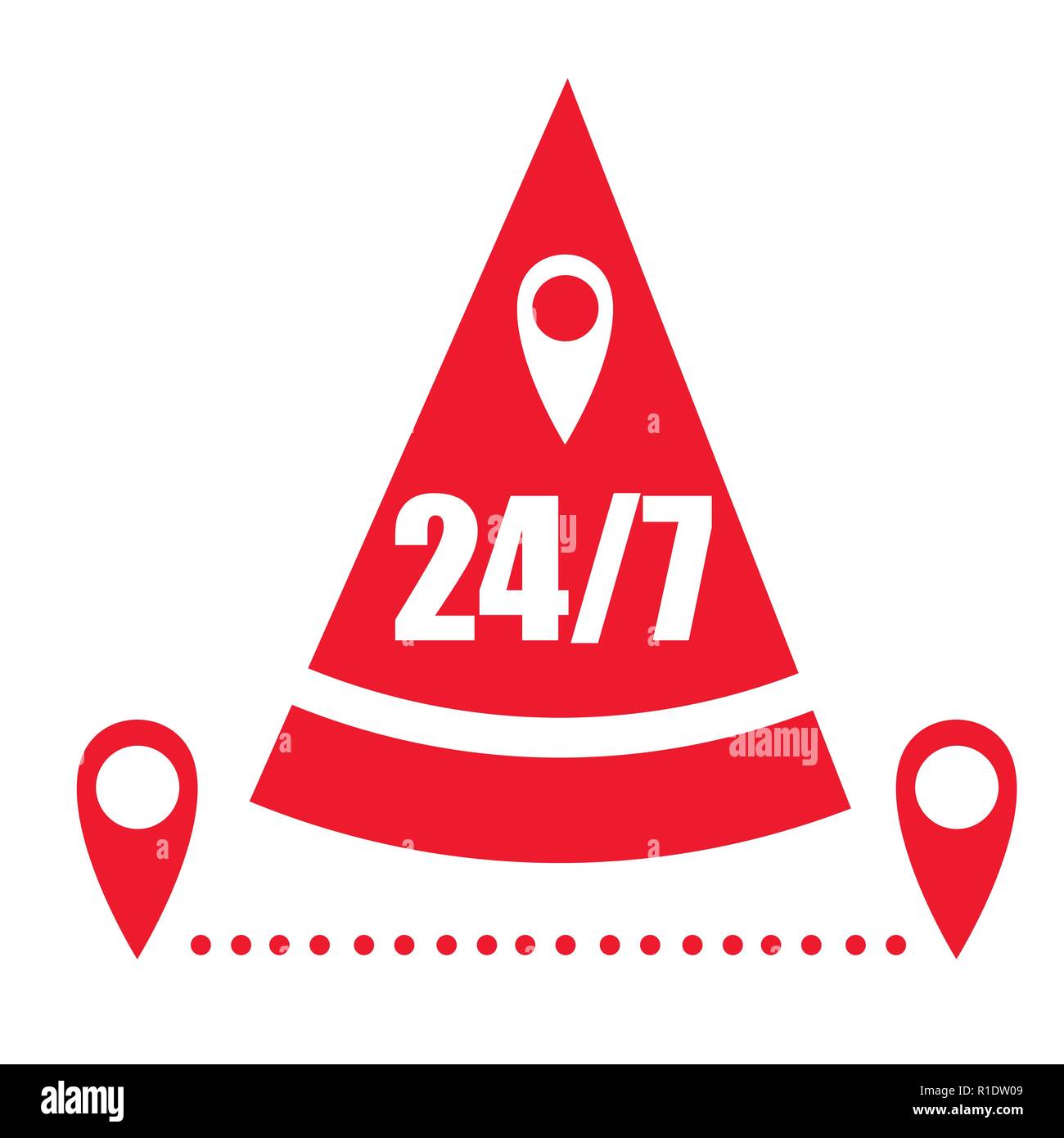 Abstract pizza delivery icon. 24 7 hours service. Flat red color