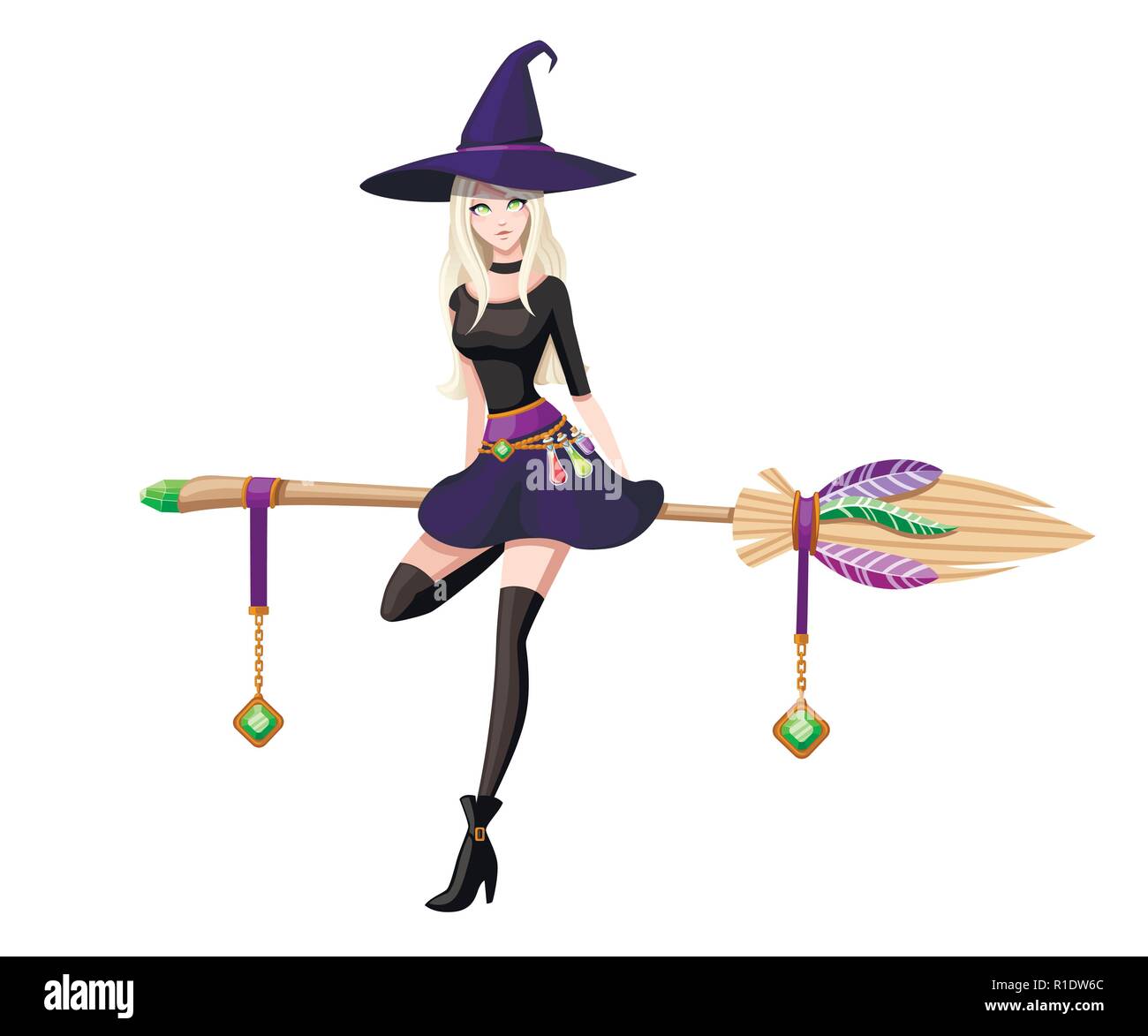 Cute blonde witch sit on flying broom. Witch purple hat and clothes