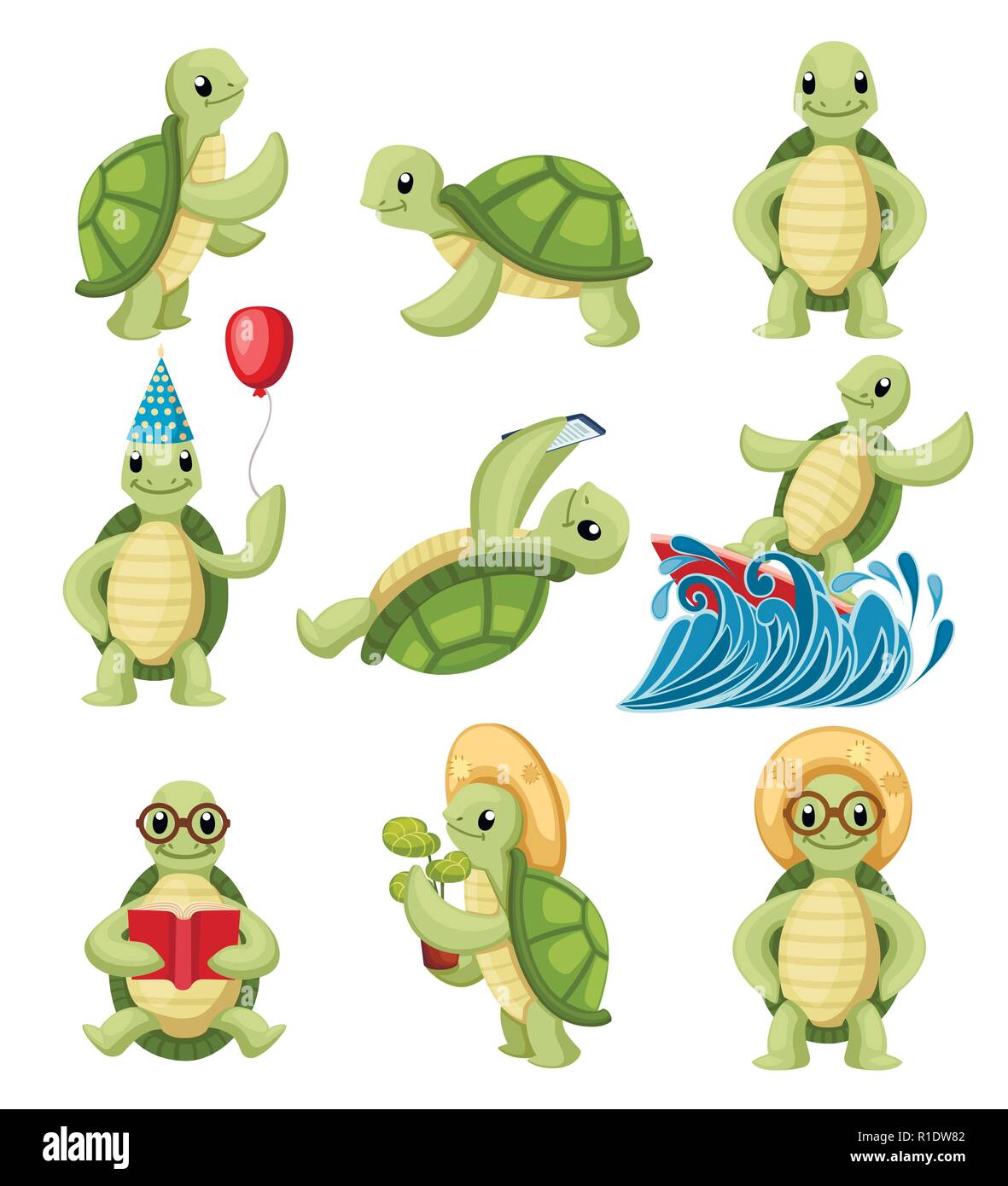 Collection of turtles cartoons characters. Little turtles do different things. Flat vector illustration isolated on white background. Stock Vector
