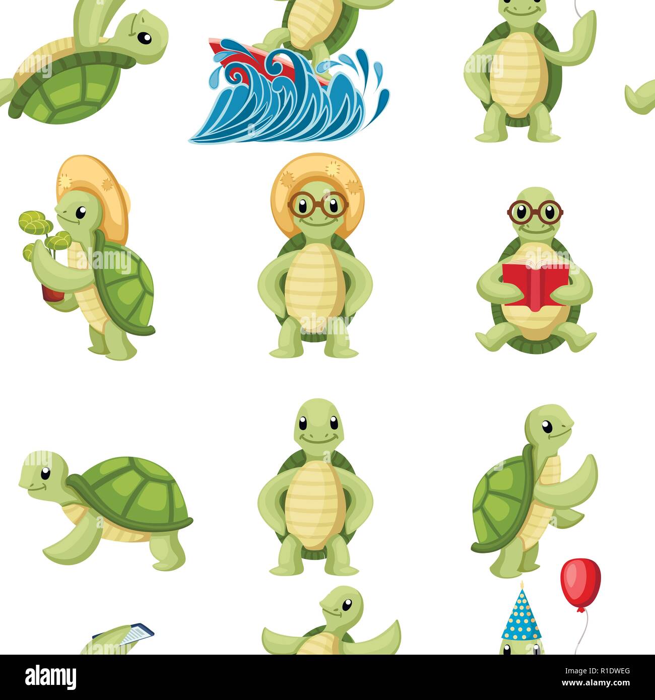 Collection of turtles cartoons characters. Little turtles do different