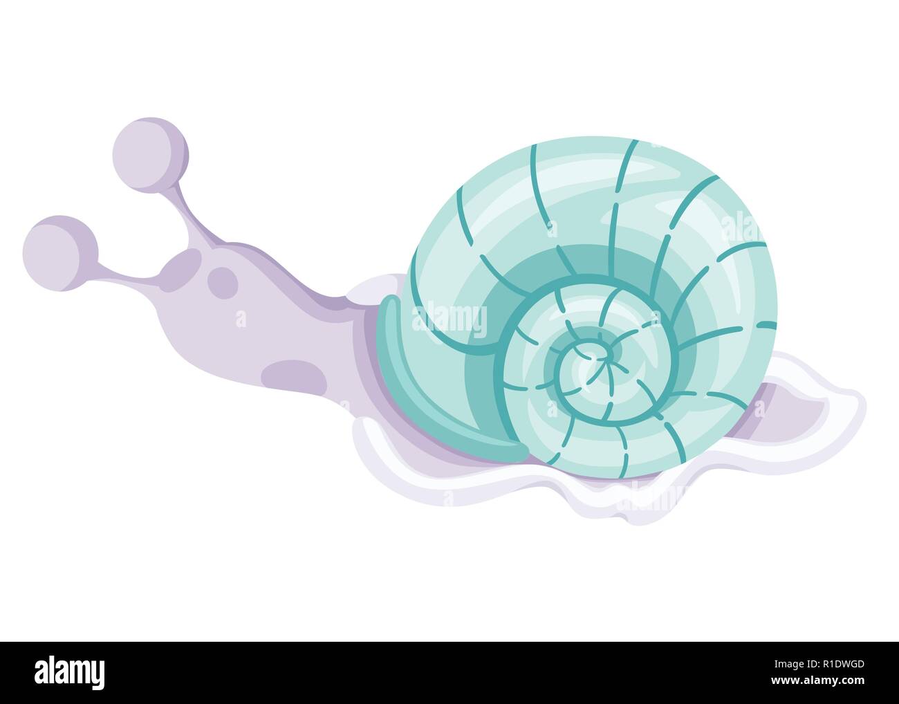 Cute sea snail. Cartoon character design. Purple snail with green shell