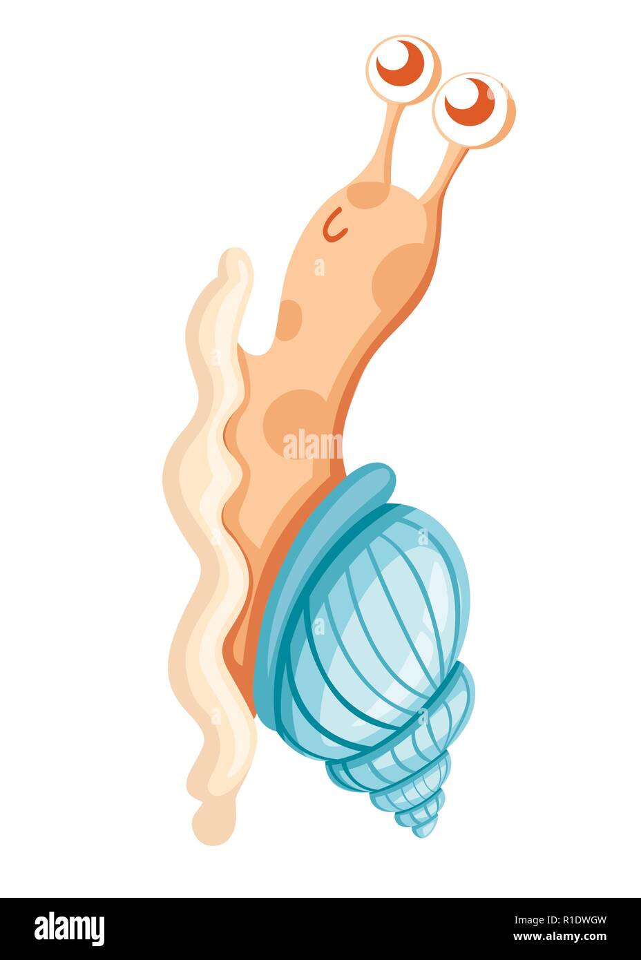 Cute sea snail. Cartoon character design. Orange snail with blue shell